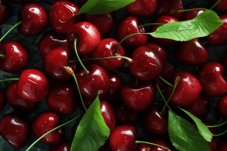 Fresh and ripe cherries with water droplets and green leaves in a close-up view. Generative AIの素材