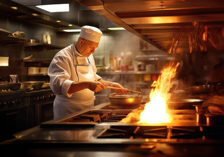 Professional chef cooking with a flaming pan in a bustling kitchen. Generative AIの素材