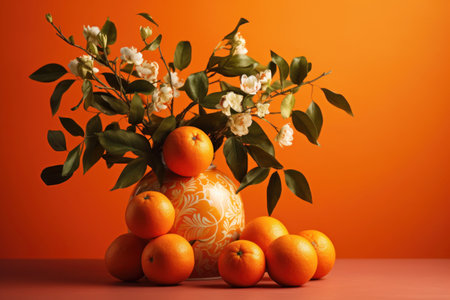Bouquet of fresh oranges in vase over orange background. Decoration concept. Generative AIの素材