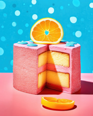 Pink cube cake with orange slice on top surrounded by blue dotted background. Generative AIの素材