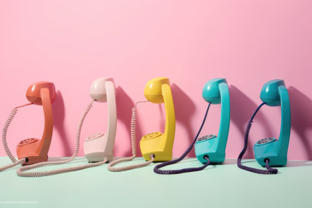 Retro phones in different pastel colors in row over pale pink background. Generative AIの素材