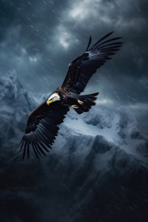 Majestic bald eagle soars over a rugged, snowy mountain range under a stormy sky. Generative AIの素材