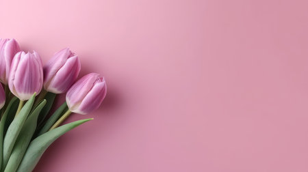 bunch of pink tulips in full bloom with green stems on a pink background. Generative AIの素材