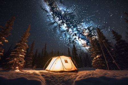Camping tent under the night sky with stars and Milky Way on winter in forest. Generative AIの素材