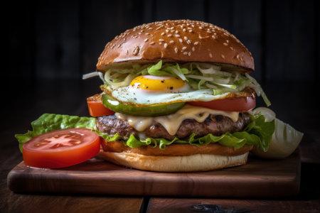 Fresh tasty burger on dark background. Food concept. Generative AIの素材