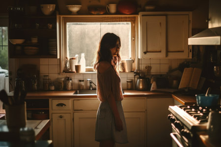 Young woman stands thoughtfully in a warmly lit nostalgic kitchen. Generative AIの素材