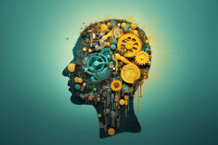 Gears and wheels brain in human head. Idea concept. Generative AIの素材
