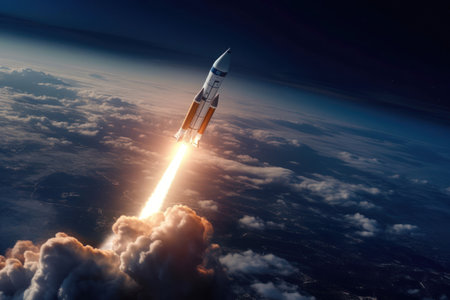 Rocket launches into space with a fiery trail, above a blue planet and white clouds. Generative AIの素材