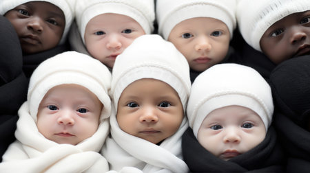 Seven diversity babies in white hats. Generative AIの素材