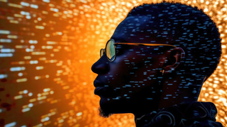 african man wearing sunglasses against a digital background of vibrant orange and yellow lights. Generative AIの素材