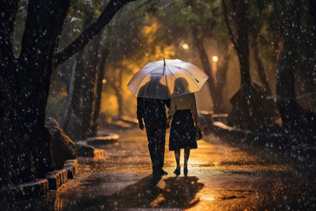 Romantic couple walking in the rain under a clear umbrella on a tree-lined street at night. Generative AIの素材