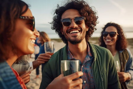 Group of joyful friends toasting glasses and enjoying a vibrant beach sunset together. Generative AIの素材