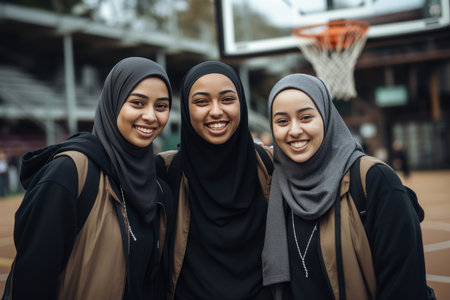 Smiling faces of three Muslim girls in hijabs sharing a joyful moment on a basketball court. Generative AIの素材