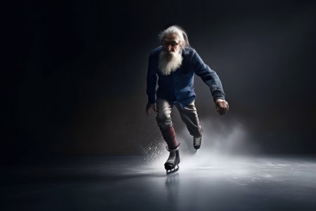 Active old man skating on ice. Speed and motion, sport, happy pension concept. Generative AIの素材