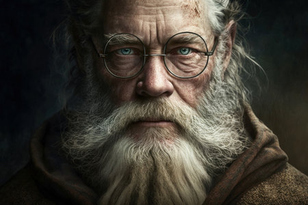 Old gray haired man with beard and glasses closeup portrait. Generative AIの素材