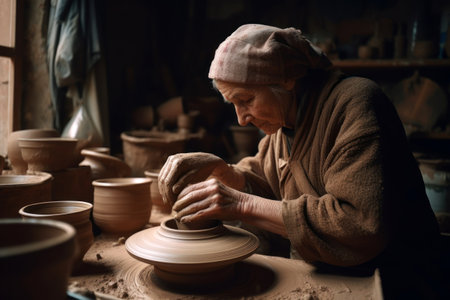 Old woman making a pot on a wheel in a pottery workshop. Generative AIの素材