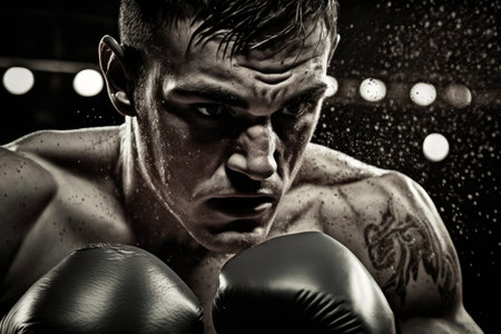 Close up portrait of confident professional boxer on boxing ring. generative AI.の素材