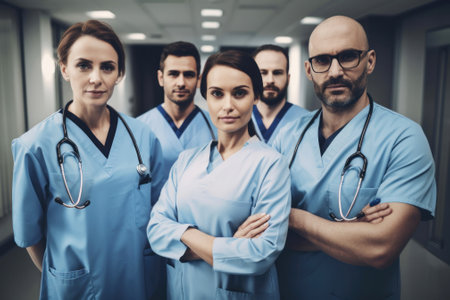Team of medical doctors professionals standing together smiling looking at camera in hospital hallway. Health concept. Generative AIの素材