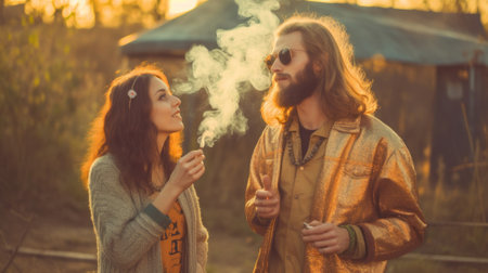 Hippie couple smoking cannabis outdoors. Generative AIの素材