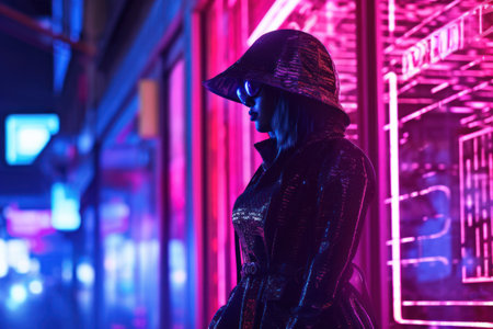 Pretty woman posing in empty street filled with neon signs at night. Generative AIの素材