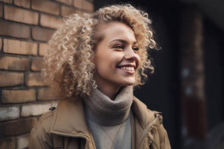 Happy smiling woman with a beautiful natural curly hair on city street. Natural female beauty. Generative AIの素材