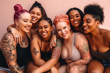 Diversity group of women with different body and ethnicity posing together. Body positivity concept, women power and strength.. Generative AIの素材