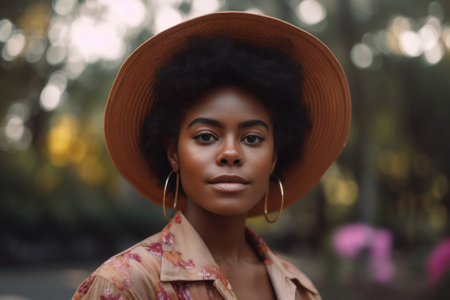 Pretty african american woman in hat outdoor on summer looking to camera. Generative AIの素材