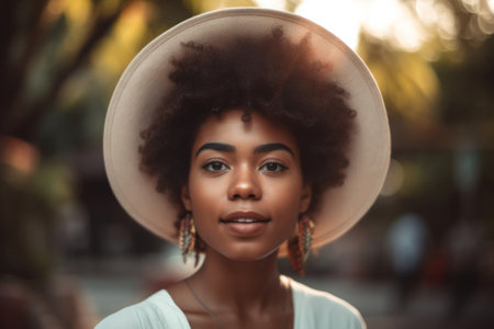 Pretty african american woman in hat outdoor on summer looking to camera. Generative AIの素材