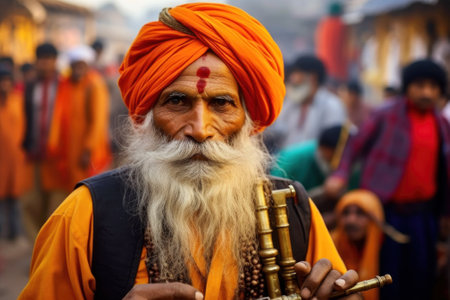 Old Indian man in bright orange turban playing a flute on the city street. Generative AIの素材