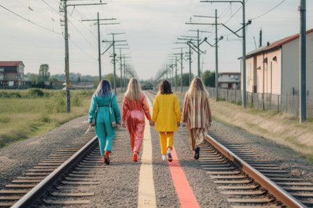 Back view of beautiful women in colorful fashion cloth walking on train tracks. Generative AIの素材