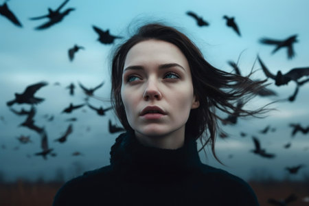 Young woman in black cloth stand in front of a flock of crows flying in the sky.. Generative AIの素材