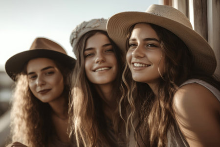 Young pretty girls in hats smiling posing together on a street. Women friendship. Generative AIの素材