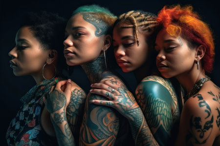 Beautiful tattooed young women posing together on black background. Women power, feminism concept. Generative AIの素材