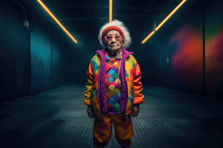 Old woman in fashionable bright outfit in the street. Older and bolder concept. Generative AIの素材