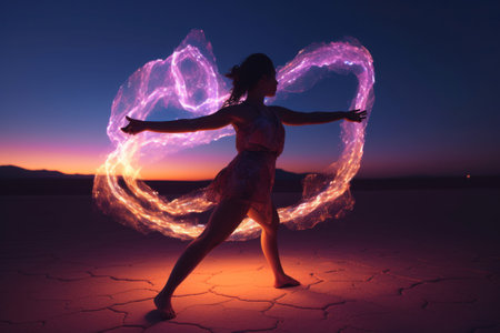 Woman dancing in desert in light painting lines. Epic night effect. Generative AIの素材