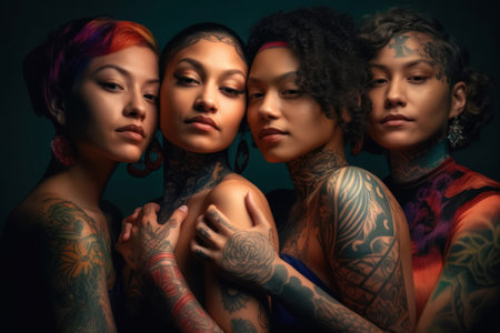 Beautiful tattooed young women posing together on black background. Women power, feminism concept. Generative AIの素材