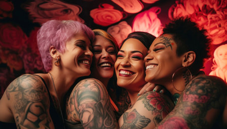 Diversity women with tattoos hugging and laughing. Interracial beauty, women power. Generative AIの素材