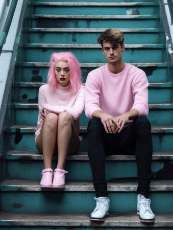 Fashionable couple in trendy outfit posing sitting on stairs. Fashion, pretty people concept. Generative AIの素材