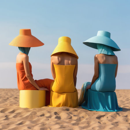 Back view of three young women wearing colorful hooded dress sitting on a sandy beach. Generative AIの素材
