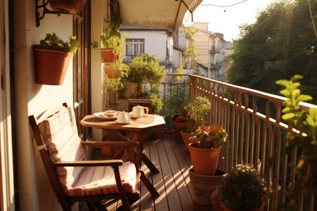 warm inviting balcony filled with potted plants basks in the golden hour sunlightの素材