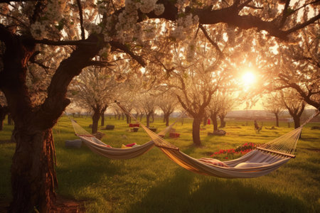 Hammocks hanging between flowering fruit trees in a peaceful orchard at sunsetの素材