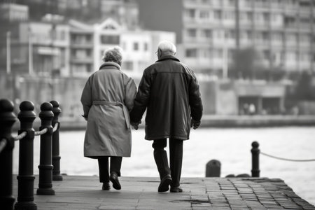 elderly couple walks hand in hand, sharing a moment on a leaf-strewn path in autumnの素材