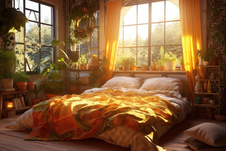 Cozy bohemian style bedroom filled with an abundance of green plants and soft natural lightの素材