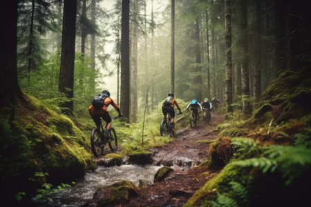 Group of mountain bikers riding through a misty forest trailの素材
