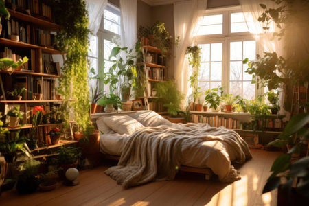 Cozy bohemian style bedroom filled with an abundance of green plants and soft natural lightの素材