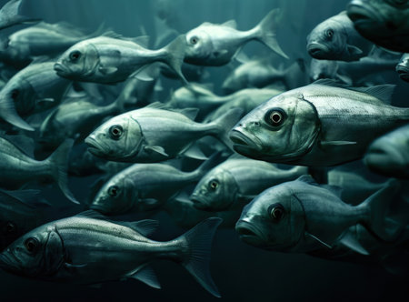 large school of fish swimming in the blue ocean depthsの素材