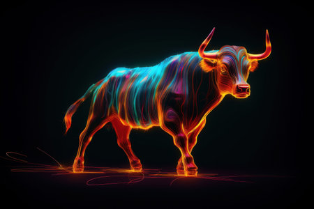 Abstract neon light outline of a bull in motion on black backgroundの素材