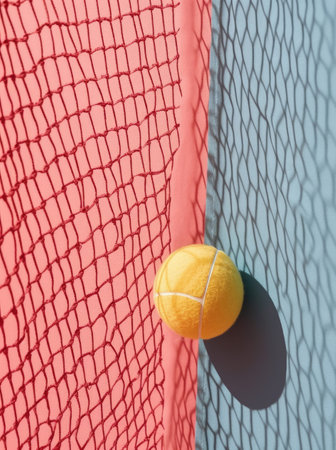 tennis ball and net casting shadows on a bright sunny dayの素材