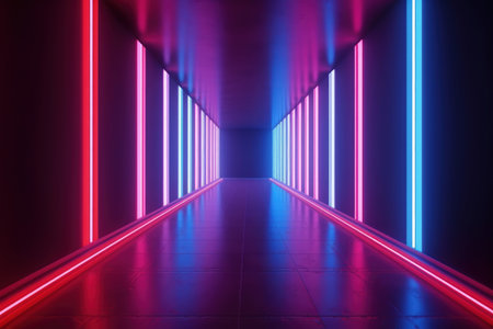 Red and blue neon lights illuminating a modern corridorの素材