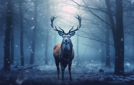 Solitary deer stands proud in a snow-covered landscape. Solitary deer stands proud in a snow-covered landscape. Snowflakes gently falling aroundの素材